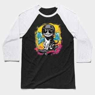 A unique and fun design featuring a stylish cat wearing a helmet and skateboarding. (2) Baseball T-Shirt